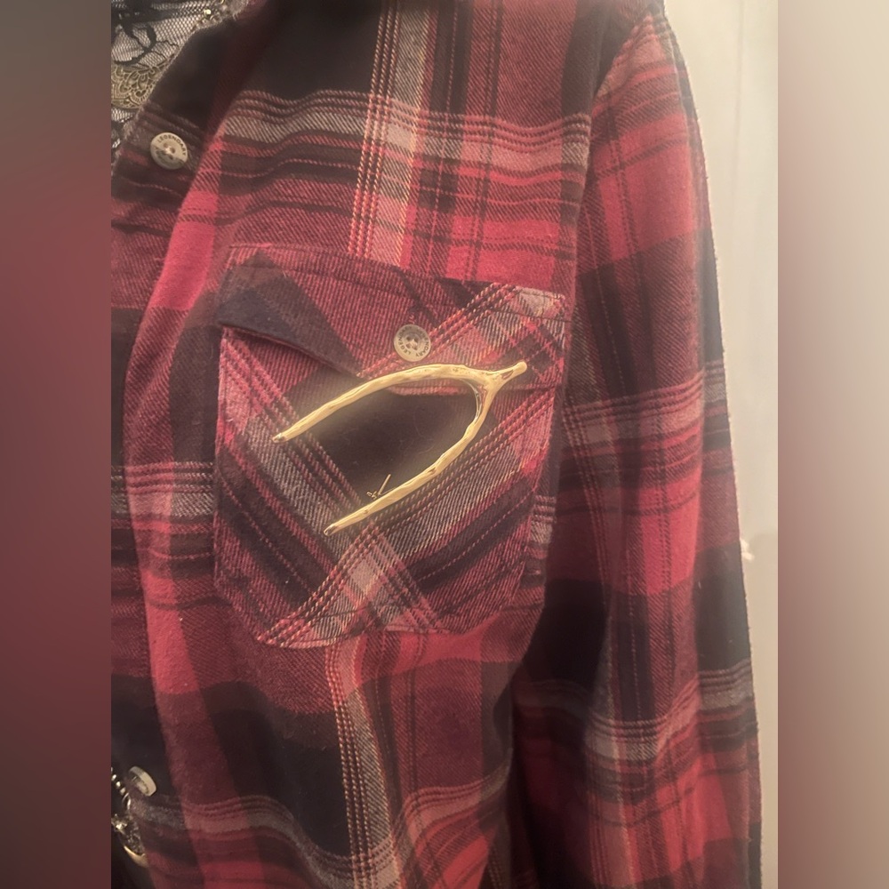 One of a kind custom upcycled plaid jacket (includes NWT Free People brooch) - Picture 6 of 16